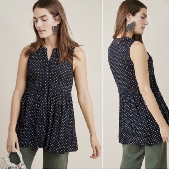 Anthropologie Tops - Anthropologie Babydoll Navy Blue Polka Dot Sleeveless Button Up Tunic Top SZ M
